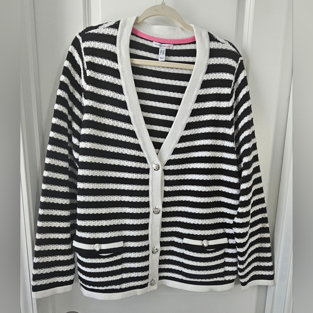 Black & White Striped Women's Cardigan Sweater